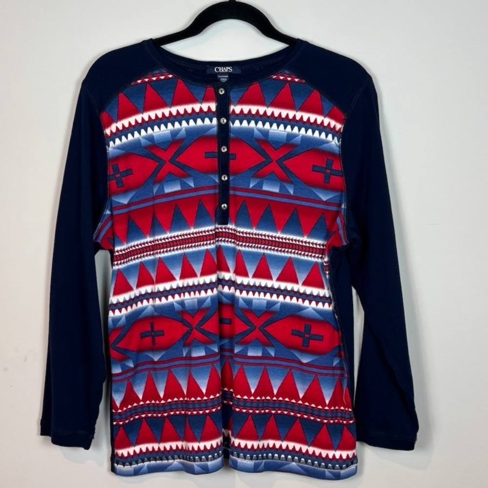 Chaps Red Southwestern Print Womens 100% Cotton Size 2X‎ 3/4 Sleeve Comfort